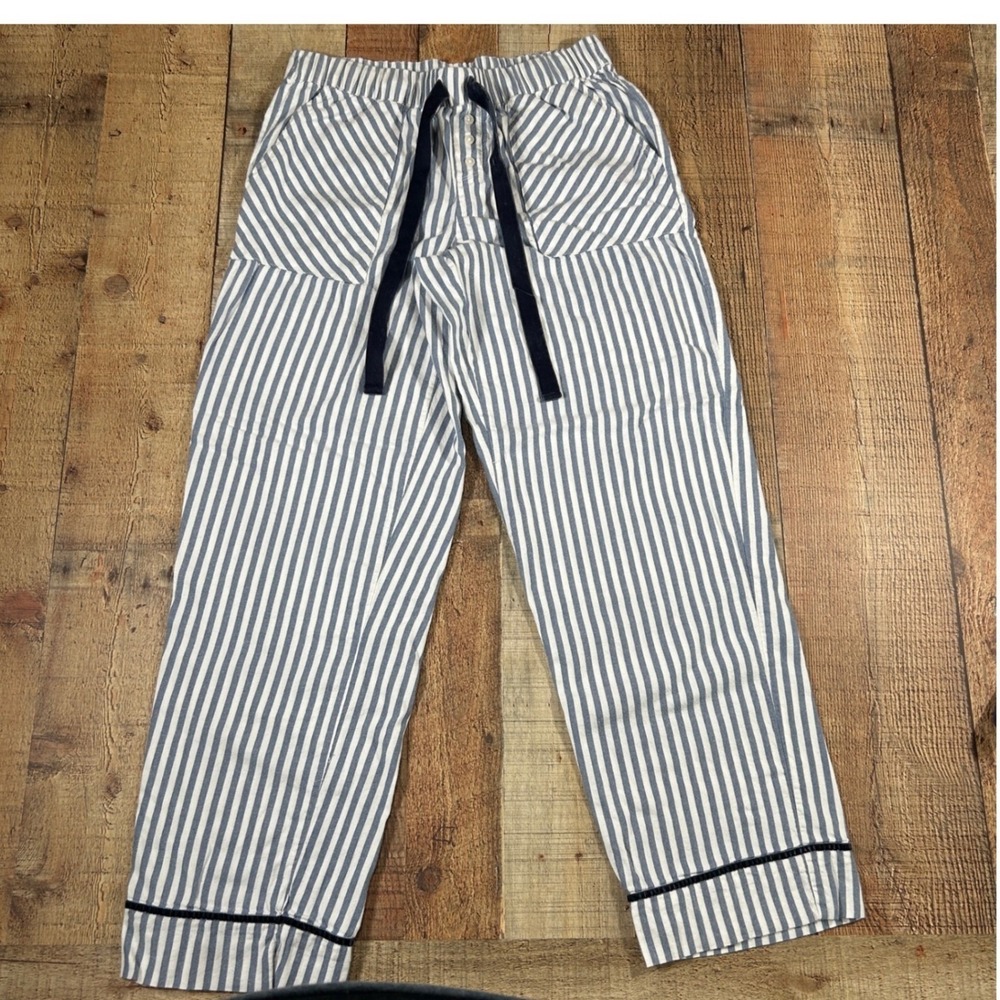 Aerie Pajama Pants Small Blue Stripe Velvet Trim Cozy Preppy Lounge Soft Classic